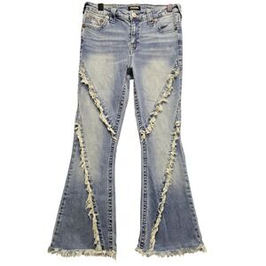 True Religion Distressed Flare Jeans Raw Hem Y2K Boho Festival Women's 28